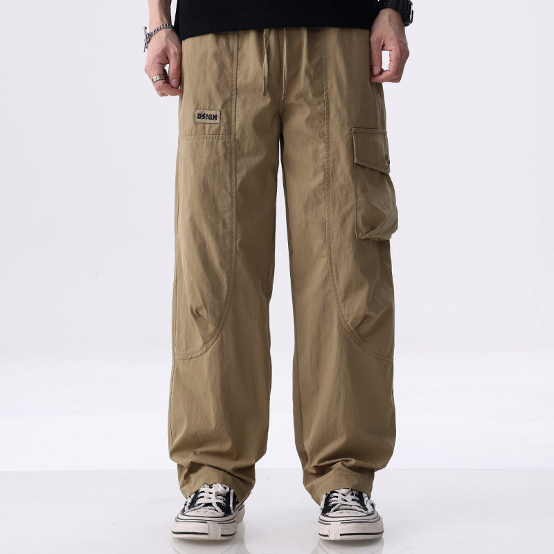 Men's Wide Utility Cargo Pants made of Cotton Blend with Drawstring Waist and Flap Pockets Chichicherry