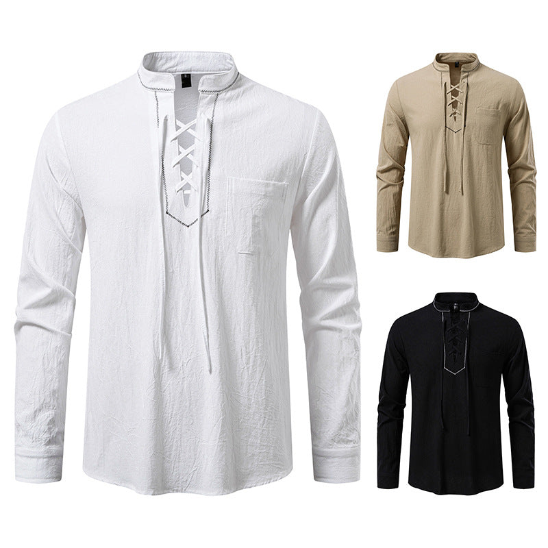 Men's Lightweight Cotton Blend Henley Shirt with Lace Placket and Stand-Up Collar Chichicherry