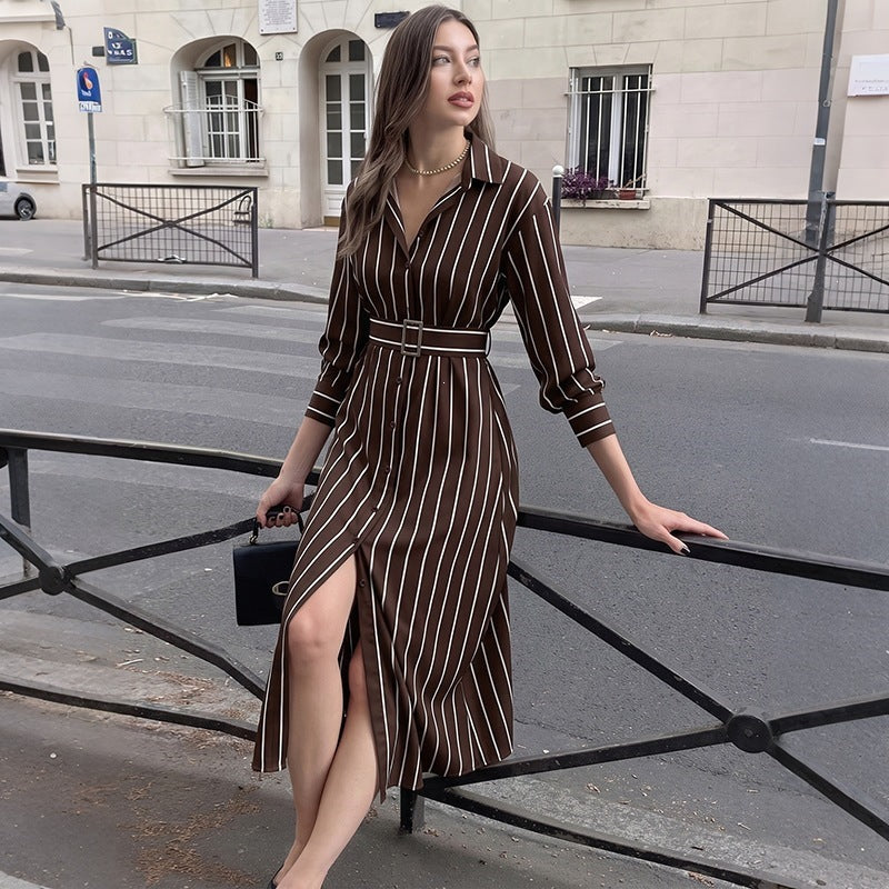 Women's Shirt Dress with Waist Belt and Vertical Pinstripe Chichicherry