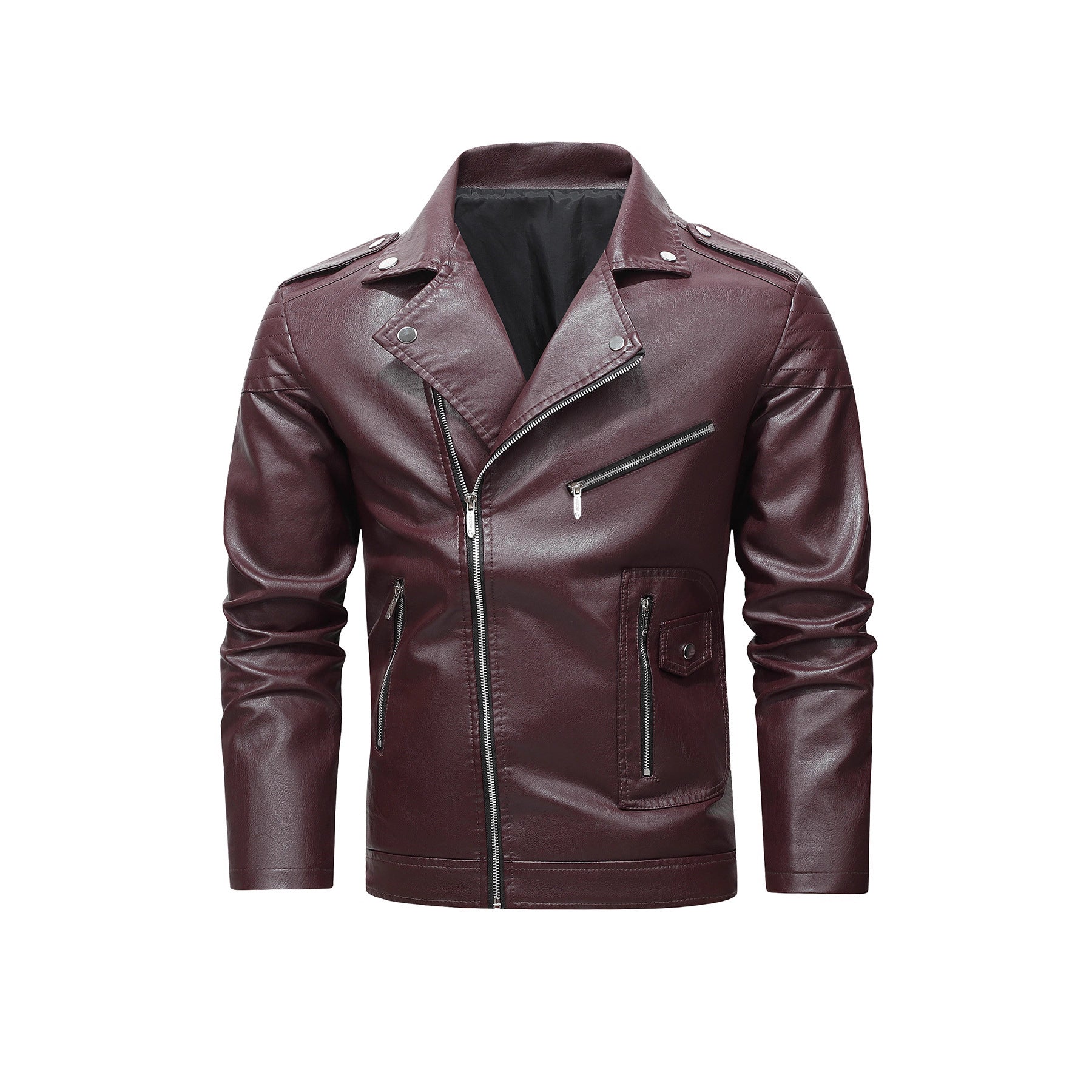 Men's biker jacket made of synthetic leather with asymmetrical zipper and quilted shoulder section Chichicherry