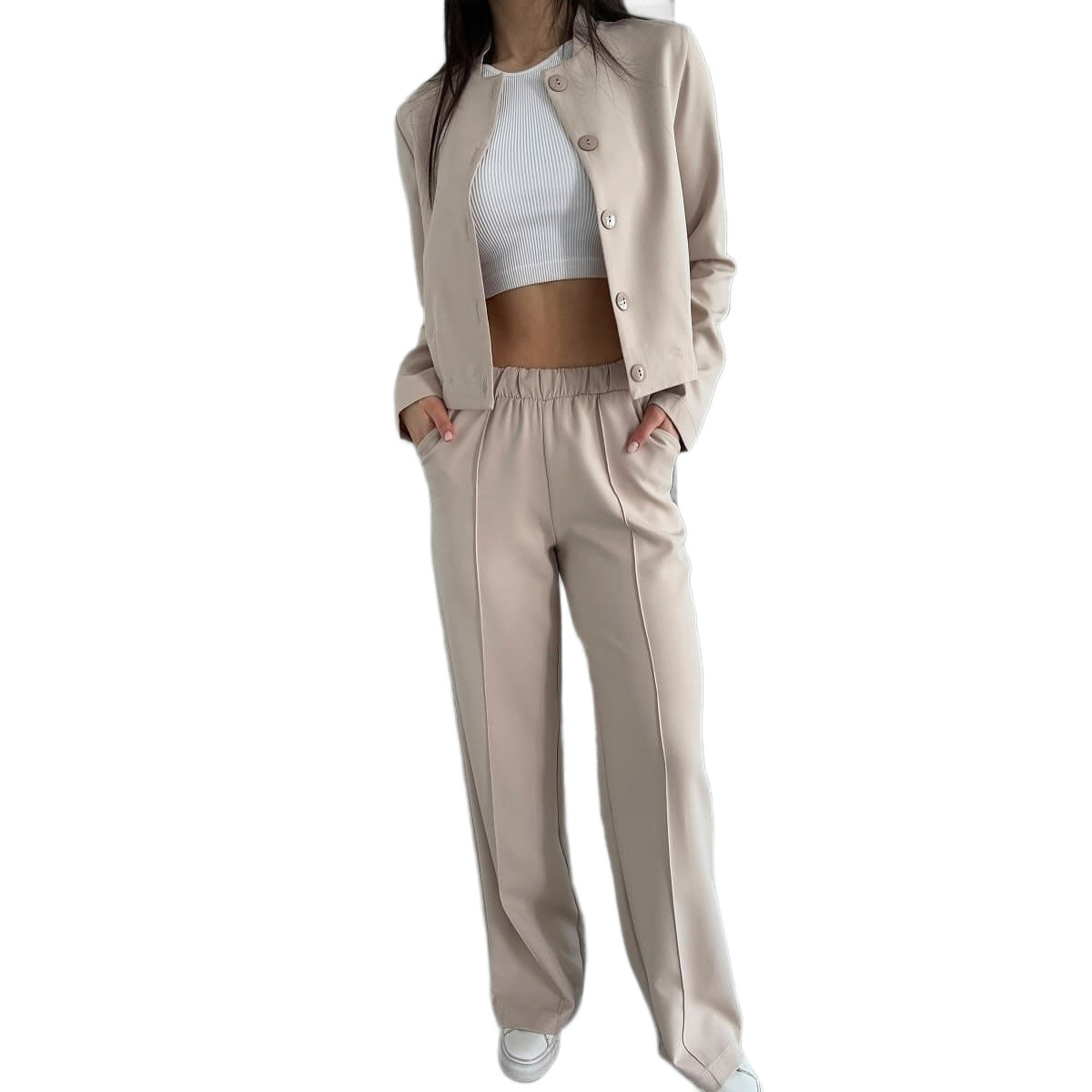 Damen Elegantes Zweiteiler-Set mit Kurzjacke und Hochbund-Faltenhose Chichicherry