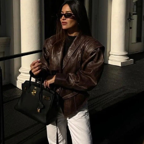 Ladies short jacket made of suede look with wrap belt, shawl collar and lacing detail Chichicherry