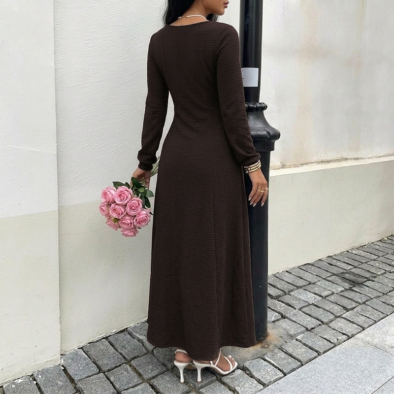Women's midi dress made of ribbed fine knit with lace-up neckline, fitted A-line and long sleeves