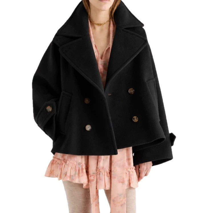 Women's Short Cut Oversized Peacoat made of Wool Blend with Wide Lapel Chichicherry