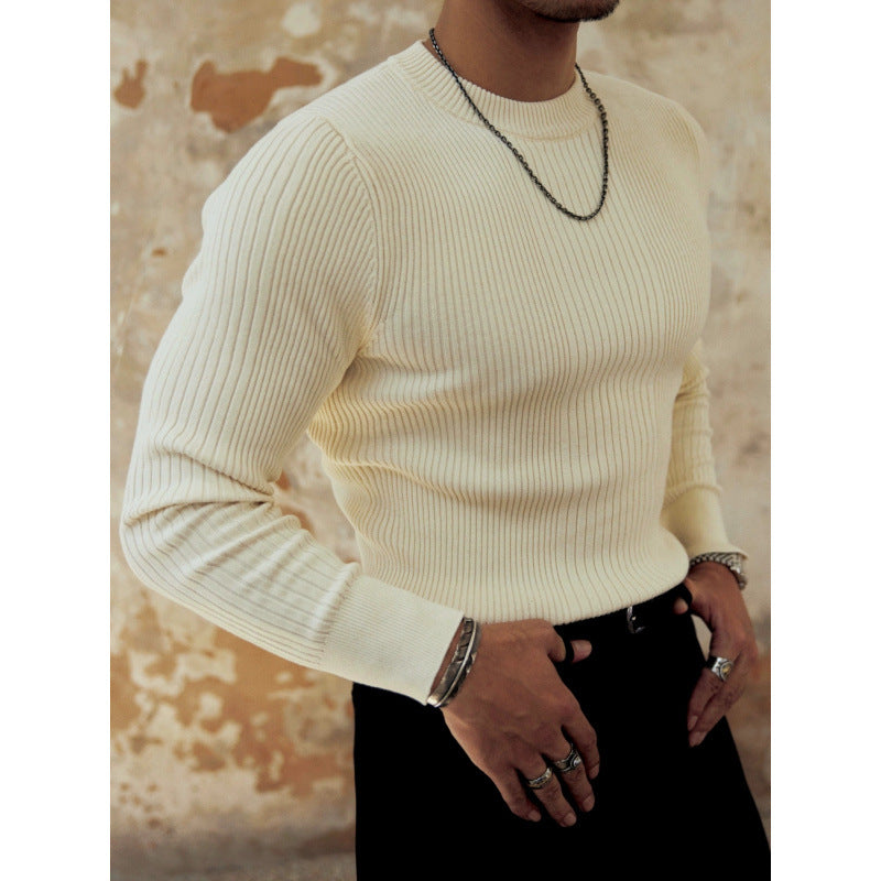 Herren Figurbetonter Rippstrick-Pullover mit Rundhalsausschnitt Chichicherry