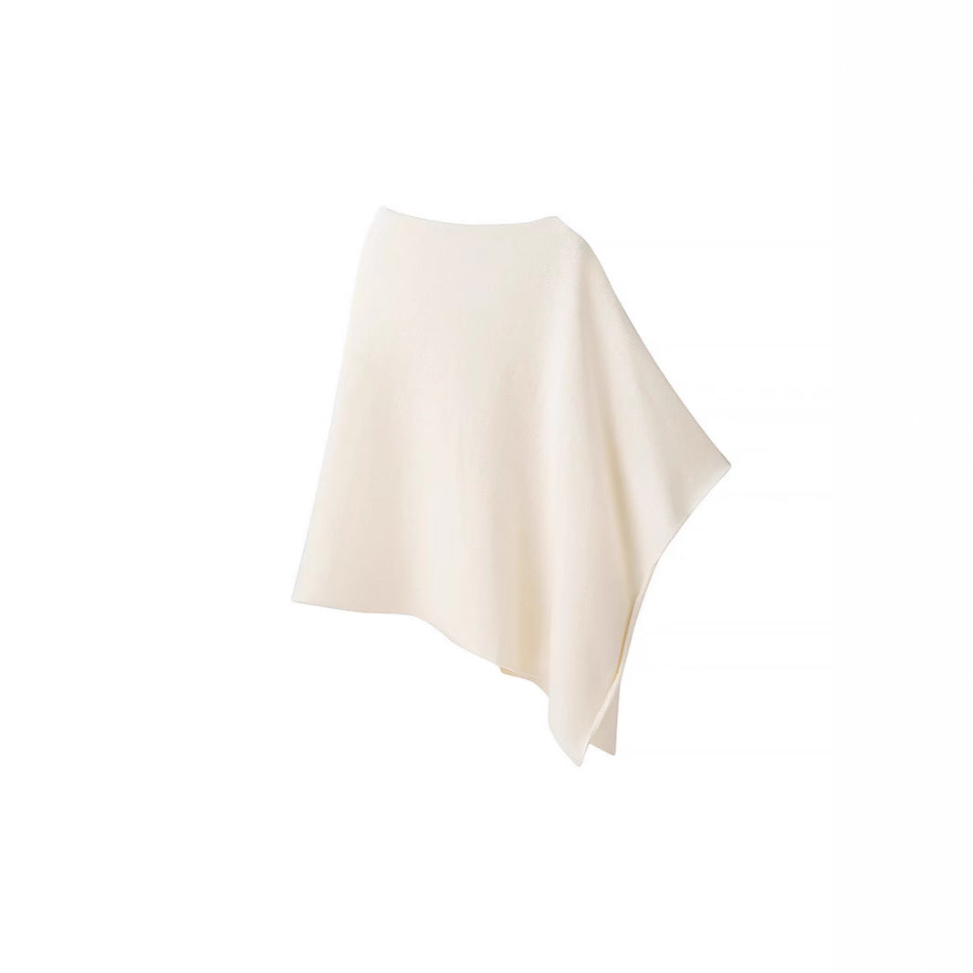 Women's Fine Knitted Poncho with Asymmetrical Hem and Boat Neck Chichicherry