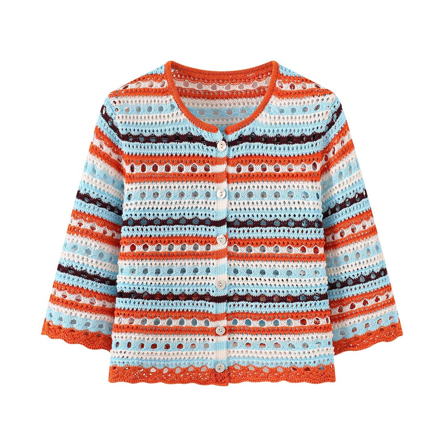 Women's crochet cardigan with lace pattern, striped texture and three-quarter sleeves Chichicherry