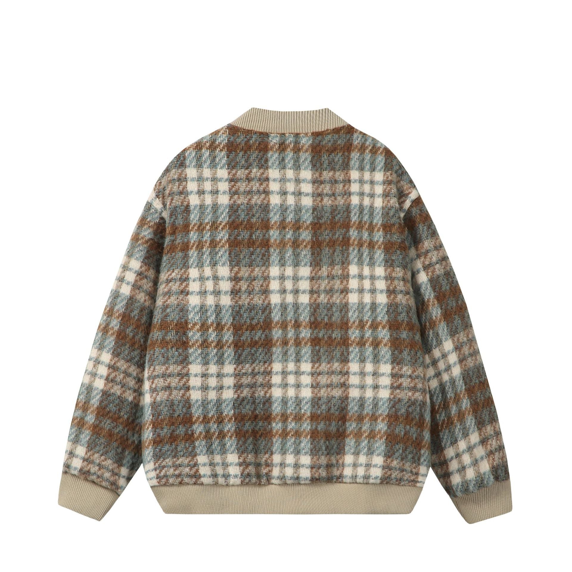 Unisex Short boxy cut wool mix bomber with check pattern and ribbed cuff Chichicherry