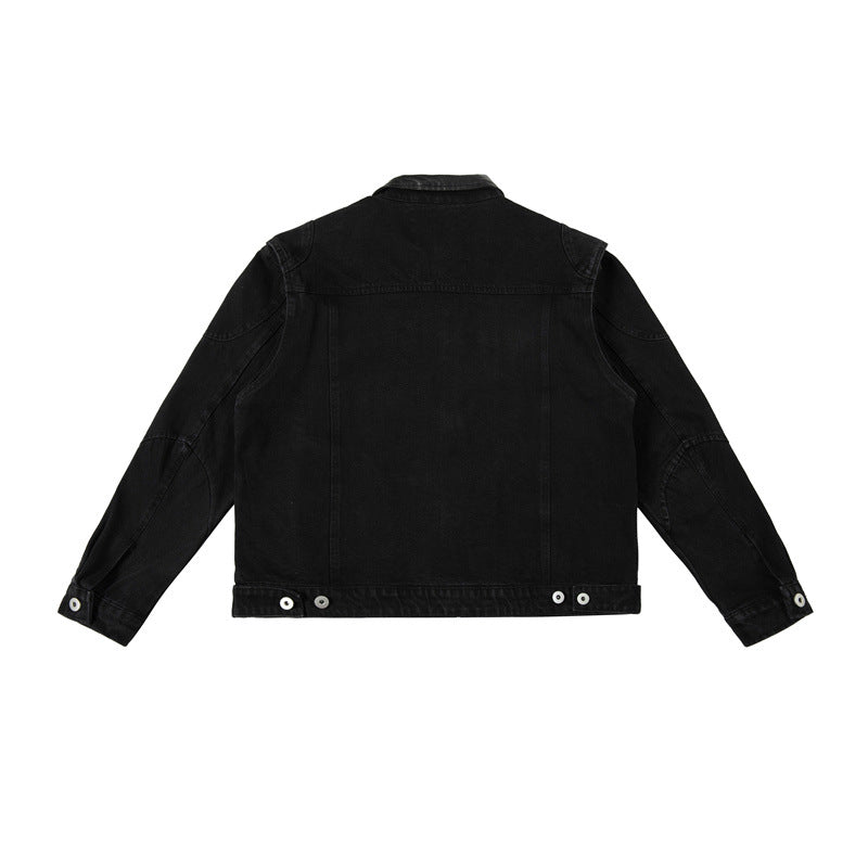 Men's Boxy Denim Jacket with Faux Leather Collar and Visible Metal Buttons Chichicherry