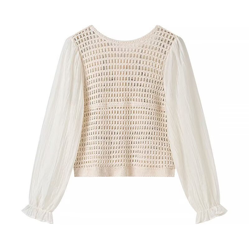 Ladies Embroidered Crochet Knit Cardigan with Transparent Pleated Sleeves Chichicherry