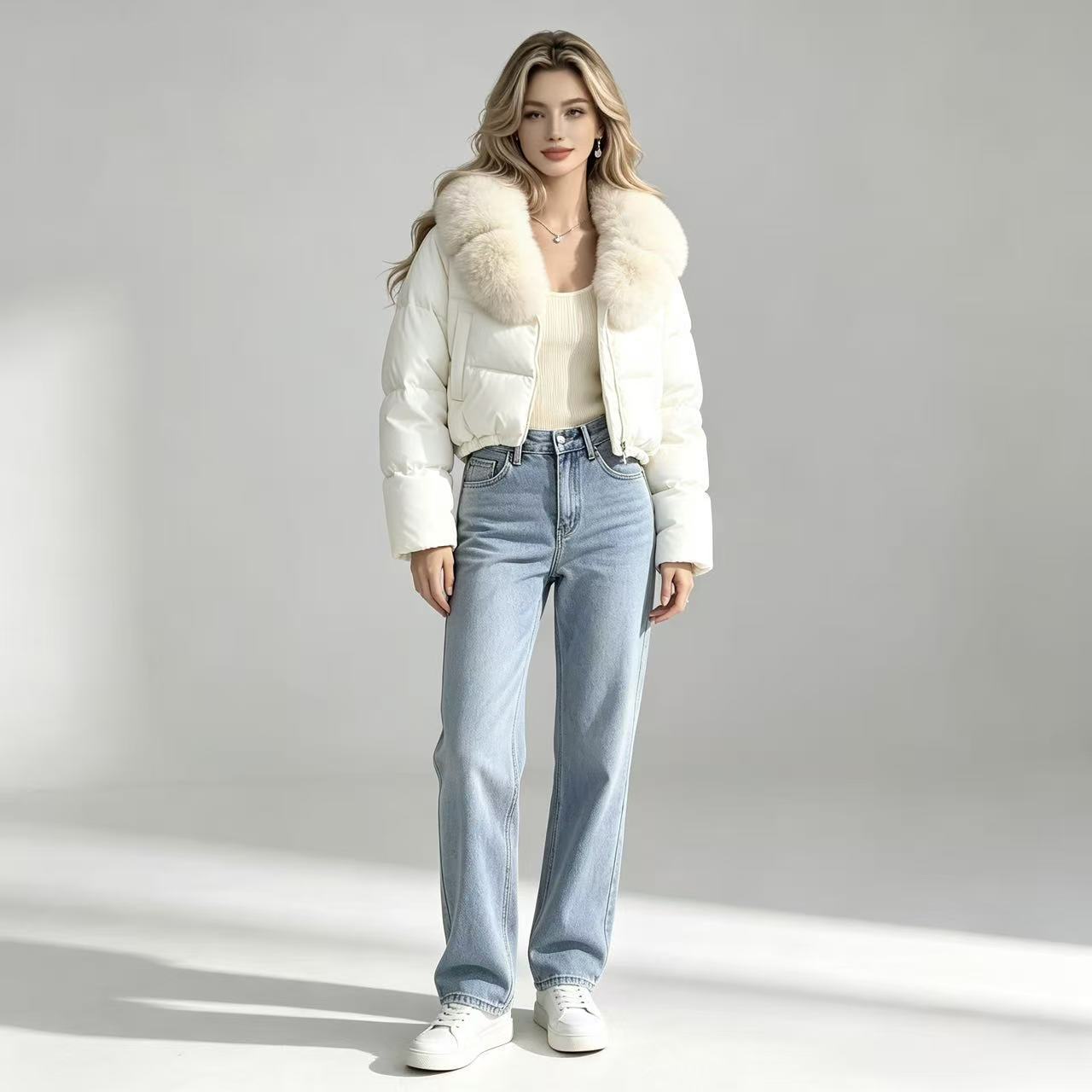 Women's short quilted cropped puffer jacket with voluminous faux fur collar Chichicherry