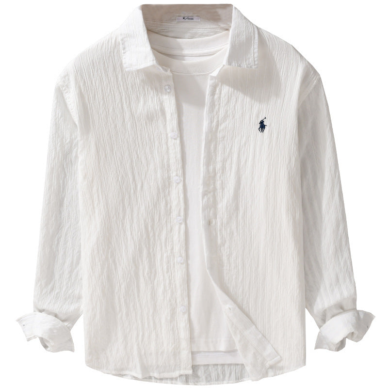Men's Lightweight Cotton Long Sleeve Shirt in Layering Style with Fine Crinkle Texture and Kent Collar Chichicherry
