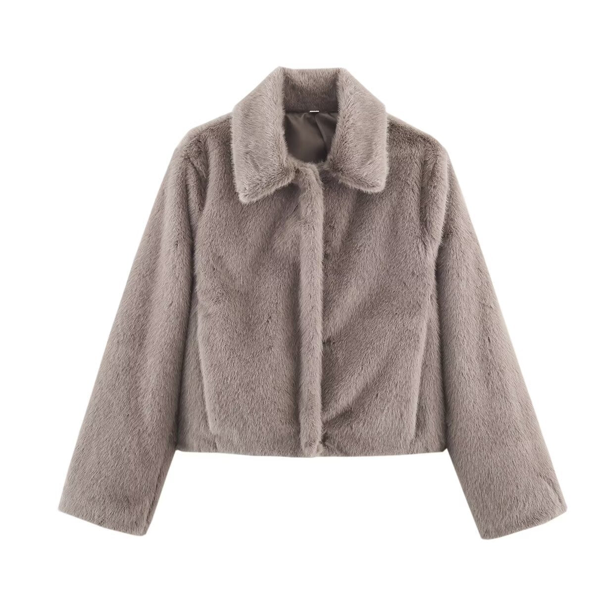 Women's Boxy Faux Fur Short Jacket with Classic Shirt Collar and Velvety Lining Chichicherry