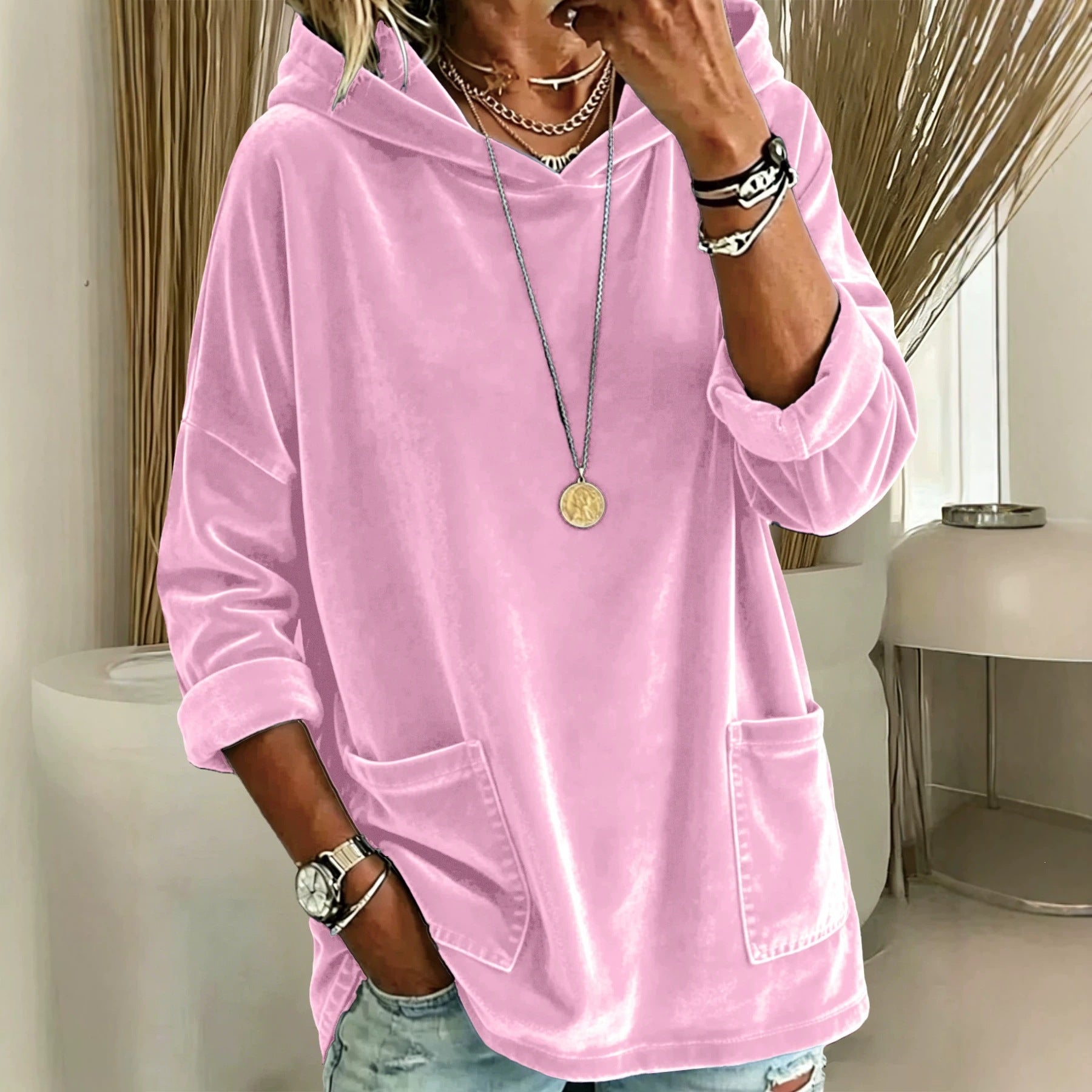 Women's Oversize Velvet Hoodie with Wide Hood, Kangaroo Pockets and Relaxed Silhouette