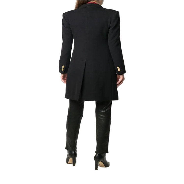 Ladies Knee-Length Double-Breasted Wool Blend Coat with Textured Lapels and Flap Pockets Chichicherry