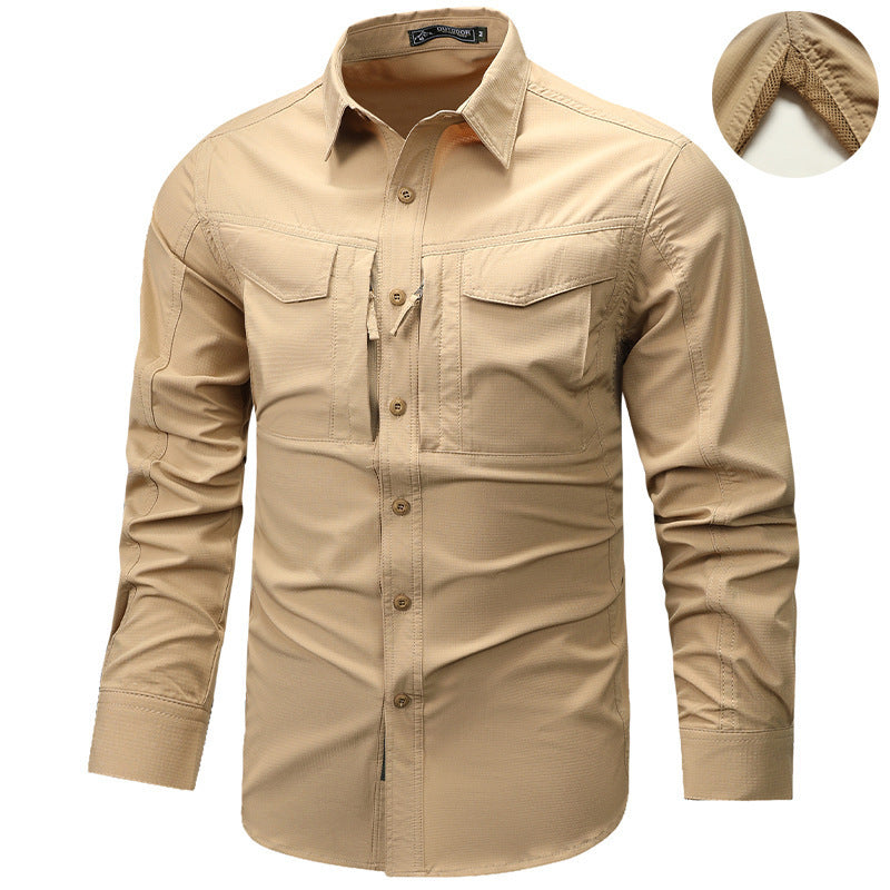 Men's Long Sleeve Outdoor Shirt with Ripstop, Chest Pockets and Zipper Pocket Chichicherry