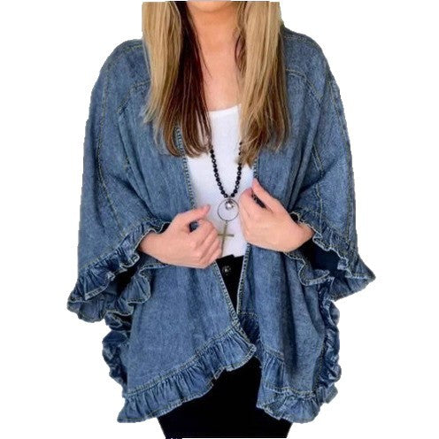 Women Oversized Jeans Kimono with Ruffle Edge and Open Fall Chichicherry