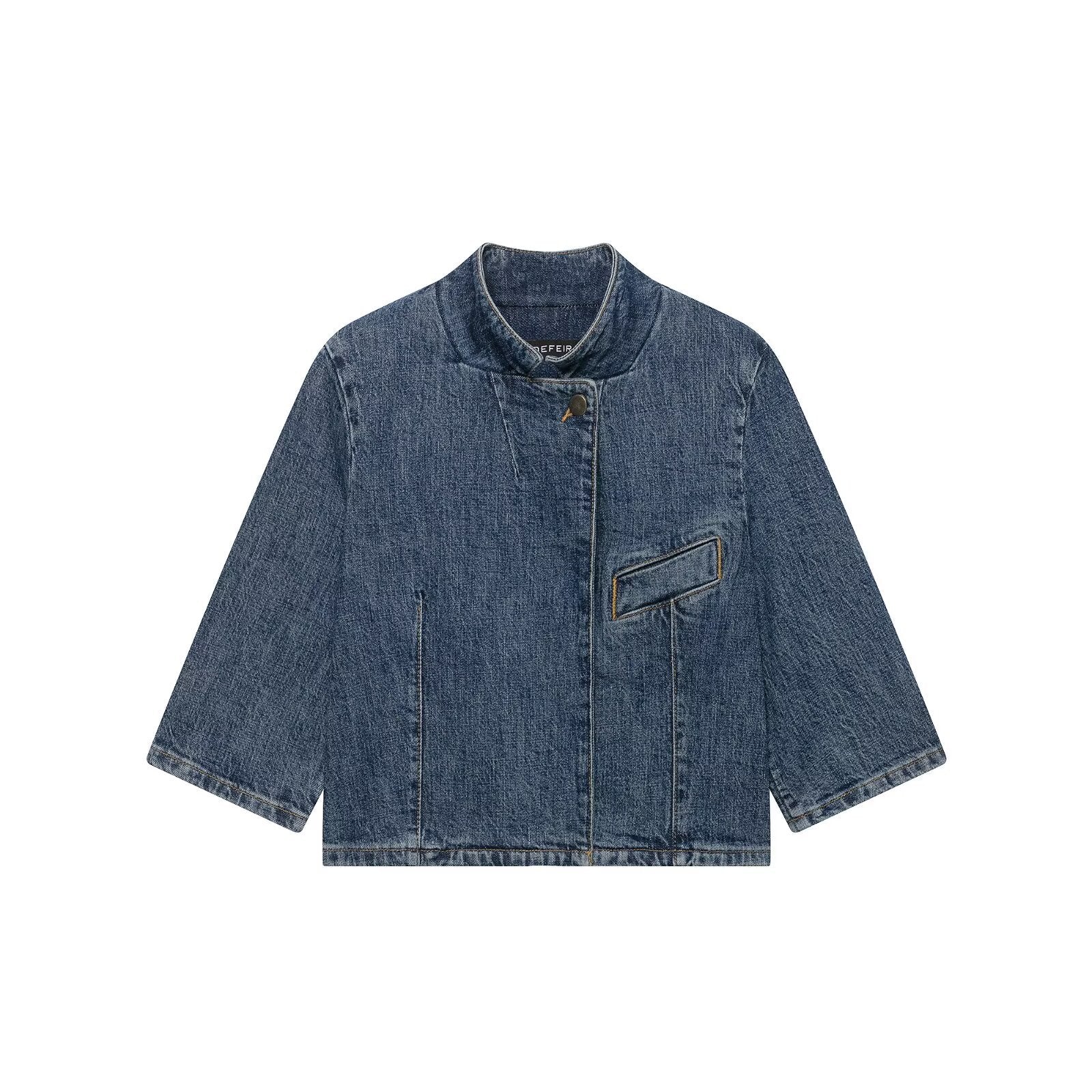 Women's Cropped Denim Jacket in Boxy Cut with Stand Collar and Concealed Button Placket Chichicherry