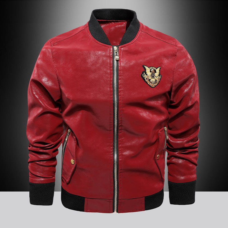 Men's Leather Look Bomber Jacket in Aviator Style with Patch Embroidery, Ribbed Cuffs, and Metal Zipper Chichicherry