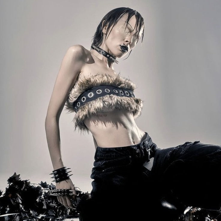 Women Cropped Bandeau Top with Faux Fur Trim, Grommet Leather Strap and Gothic-Punk Details Chichicherry