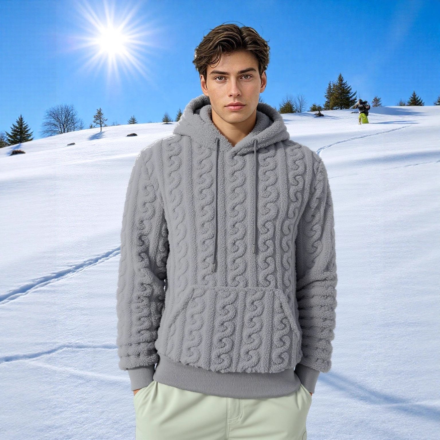 Men's fluffy sherpa hoodie with cable knit pattern, kangaroo pocket and ribbed cuffs Chichicherry
