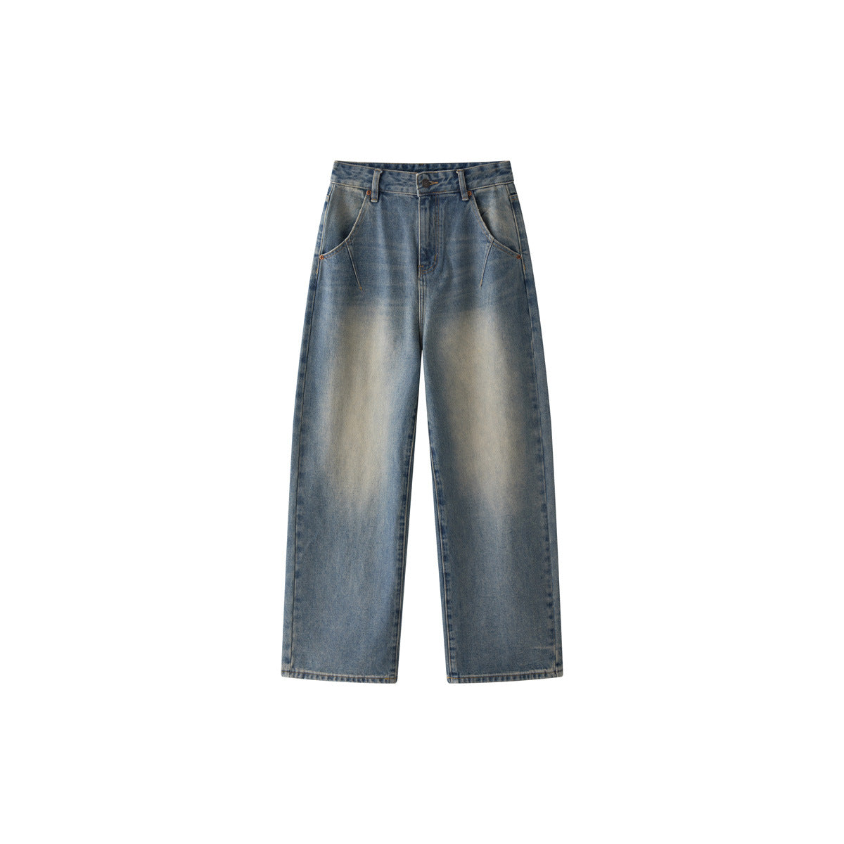Women's Wide High-Waist Denim Baggy Pants with Vintage Fade and Diagonal Pocket Detail Chichicherry