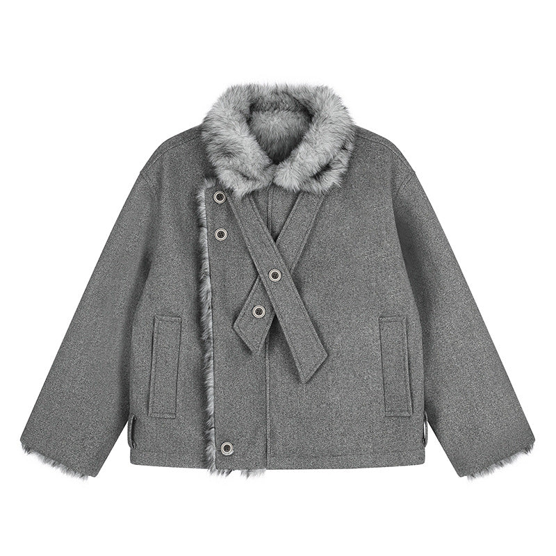 Women's short wool jacket with faux fur trim and asymmetric button placket Chichicherry