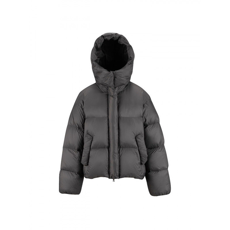 Women's Short Padded Crop Quilted Jacket with Volume Hood and Concealed Snap Placket Chichicherry