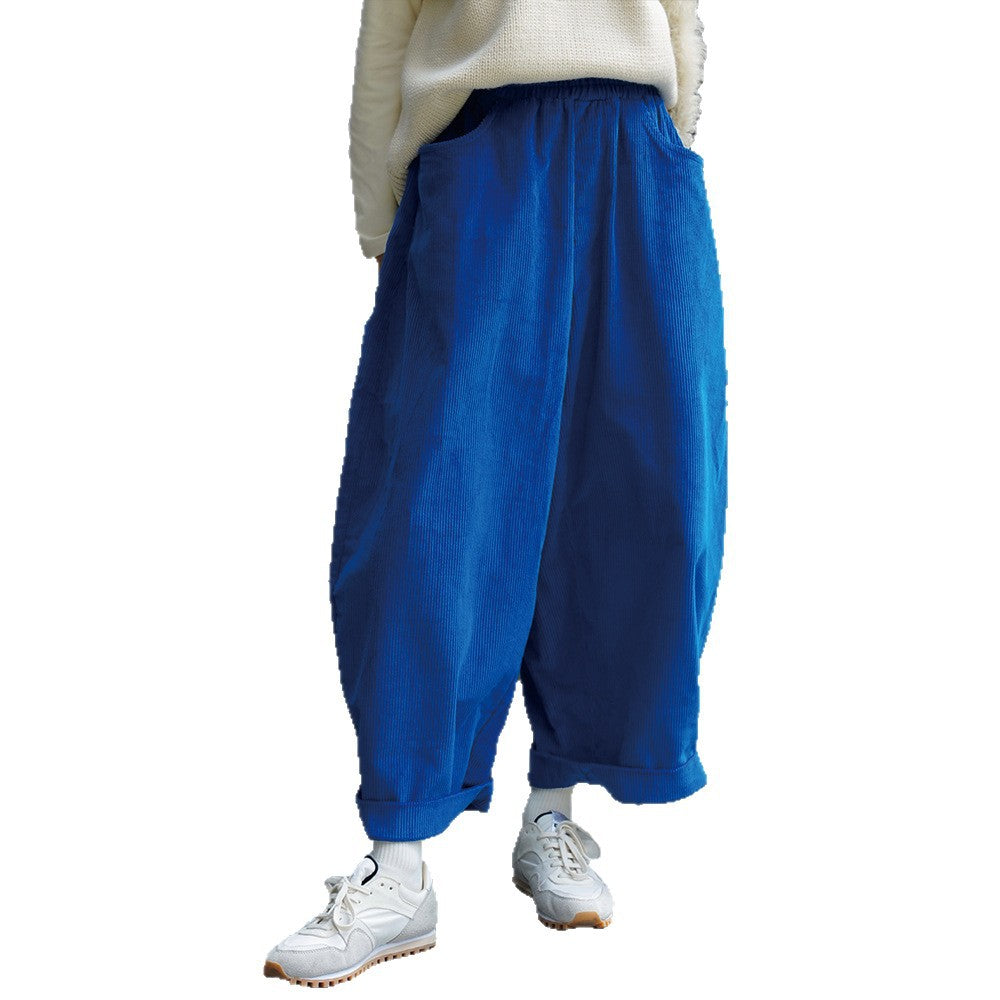 Women's wide corduroy pants with high elastic waistband and rolled hem Chichicherry