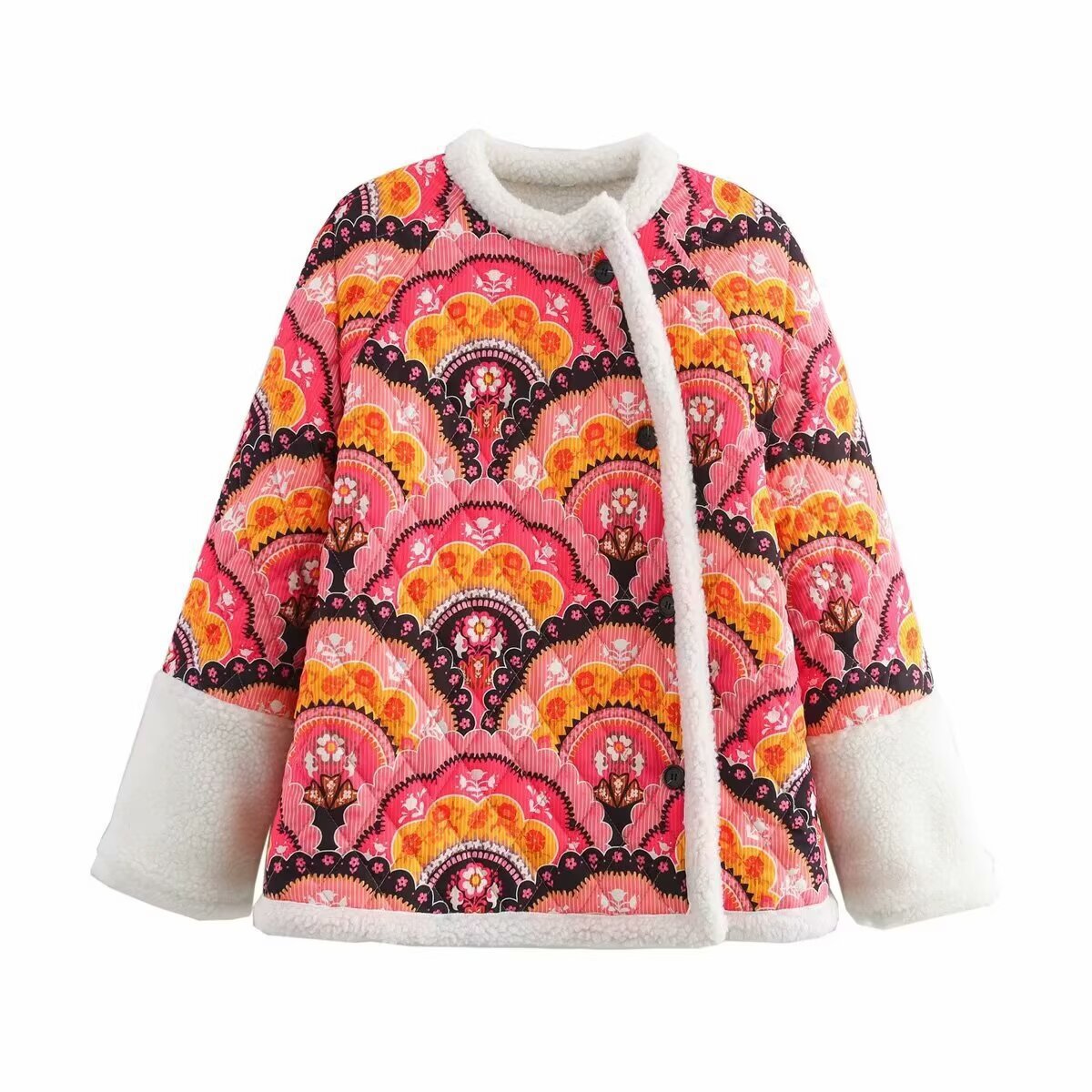 Women quilted jacket with teddy lining and retro-inspired allover print Chichicherry