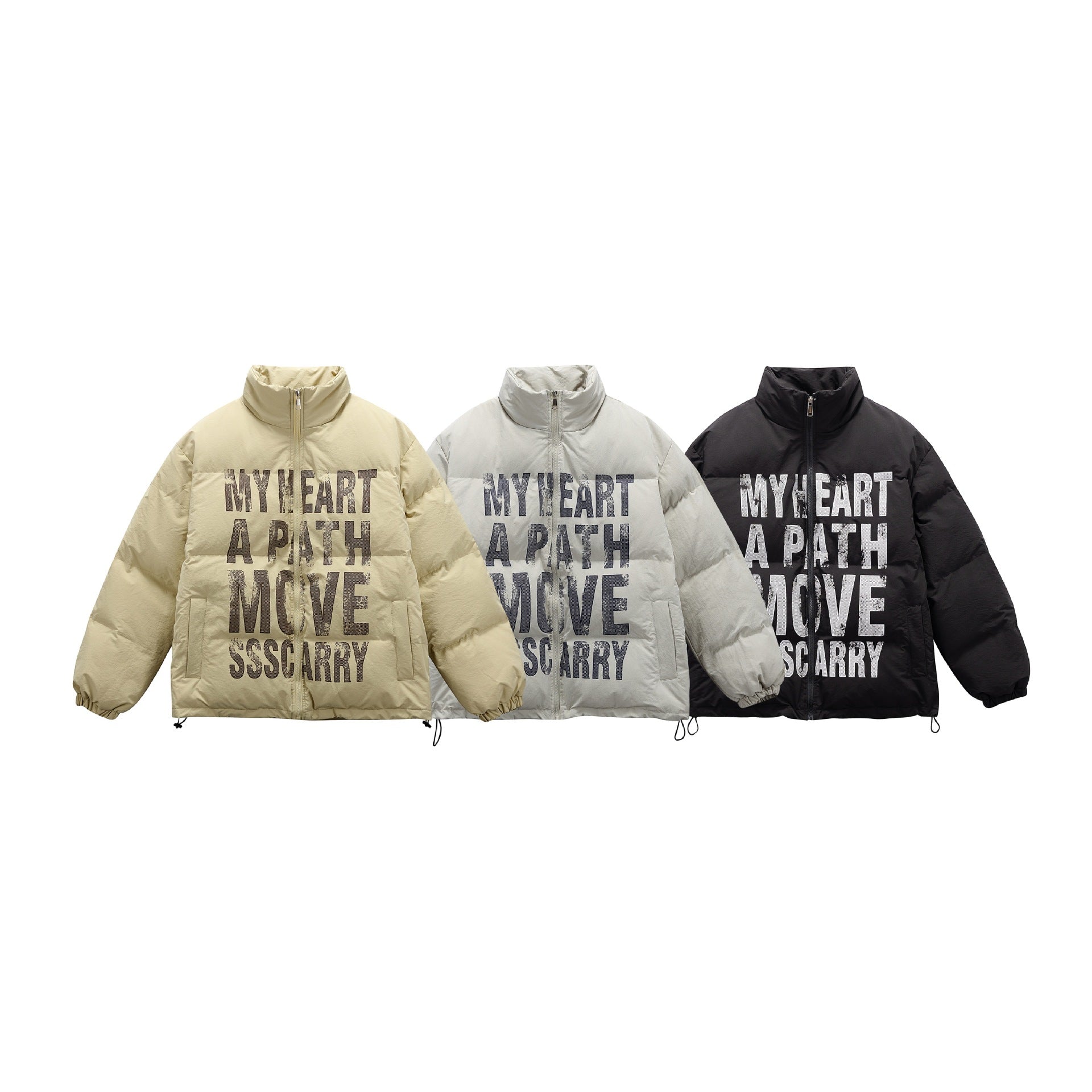 Unisex Oversized Padded Jacket with High Stand Collar and Statement Print Chichicherry
