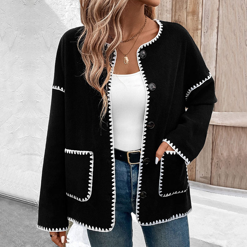 Women's Loose Crew Neck Cardigan with Contrasting Decorative Stitching, Button Placket & Patch Pockets