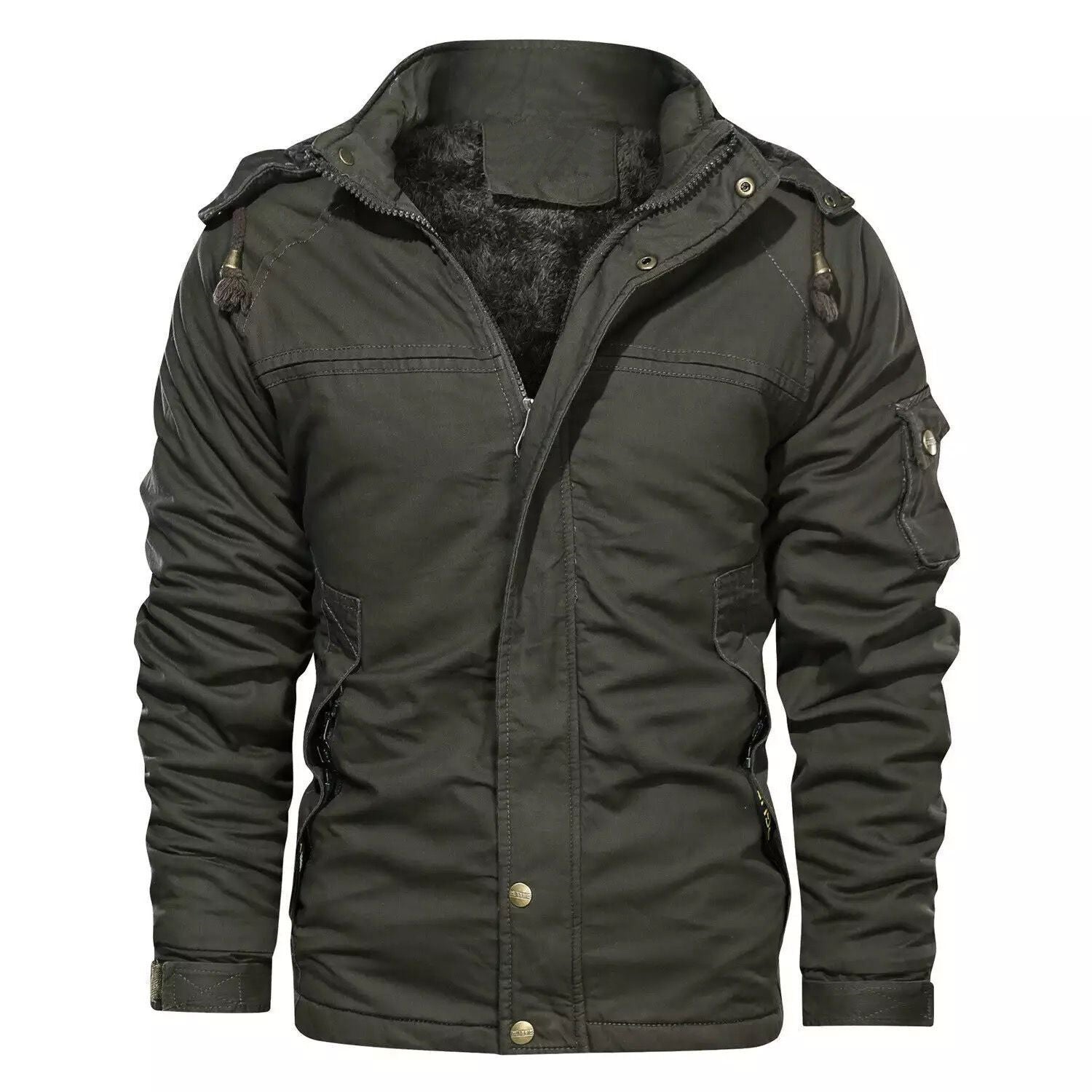 Men's thermally insulated canvas field jacket with hood, teddy lining, and multifunction pockets Chichicherry