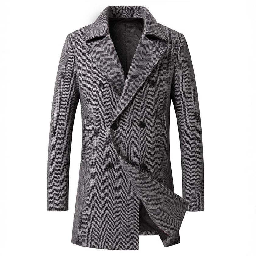 Men's Double-Breasted Herringbone Wool Blend Car Coat with Tailored Fit and Quilted Thermal Lining Chichicherry
