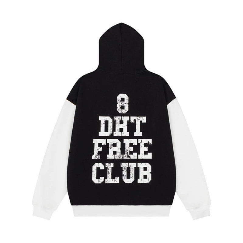 Women's College Style Hoodie Sweatshirt with Contrast Sleeves, Kangaroo Pocket and Vintage Print Chichicherry