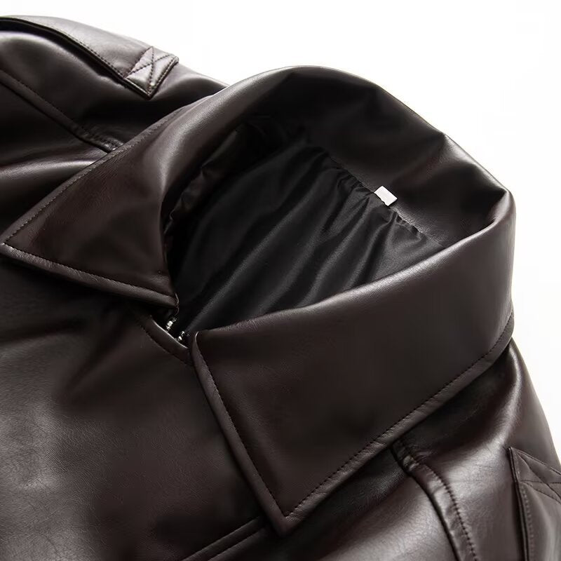 Women's Oversized Faux Leather Bomber Jacket with Utility Pockets, High Collar and Elastic Hem Chichicherry