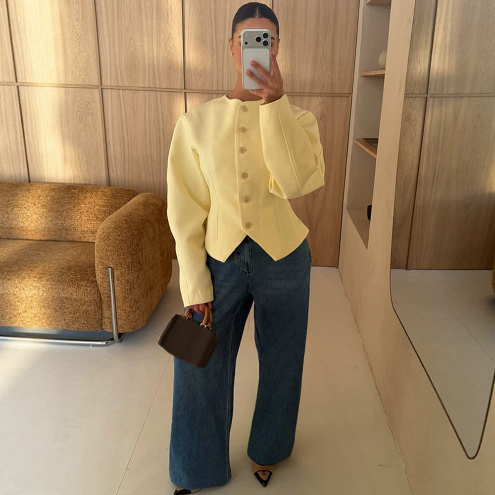 Women's Tailored Structure Jacket with Asymmetrical Dipped Hem and Balloon Sleeves Chichicherry
