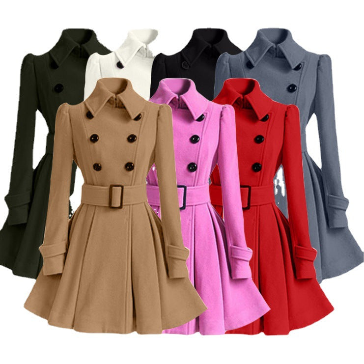 Women's Tailored Double-Breasted A-Line Coat with Tie Belt and Flared Skirt Chichicherry