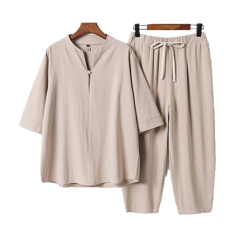 Women Lightweight Linen-Cotton Loungewear Set with Stand Collar, Three-Quarter Sleeves and Elasticated Waist Pants Chichicherry