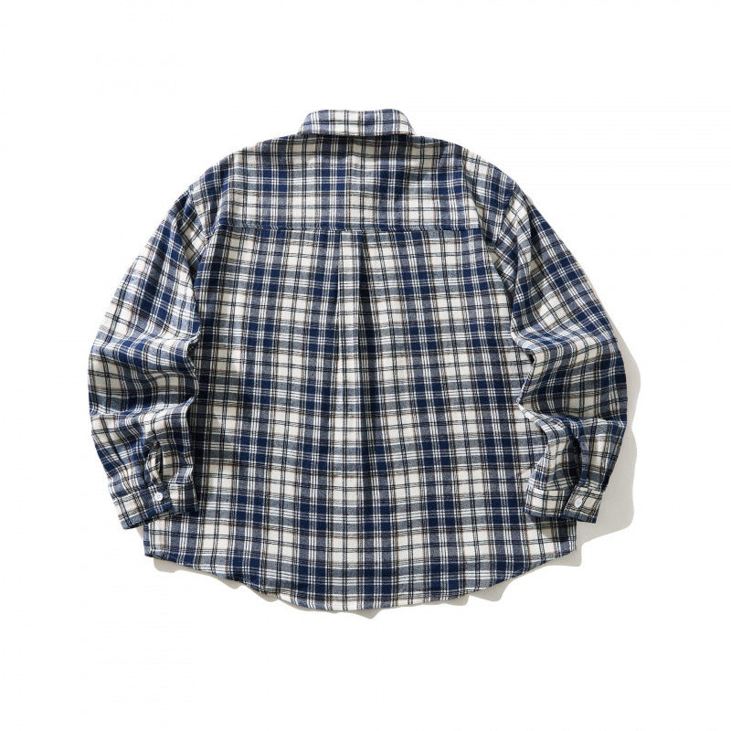 Unisex Oversized checked Flannel shirt jacket with chest pocket and rounded hem Chichicherry