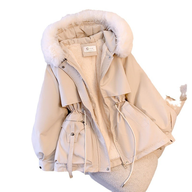 Women's short utility parka with drawstring waist, detachable faux fur collar, and asymmetrical pockets Chichicherry