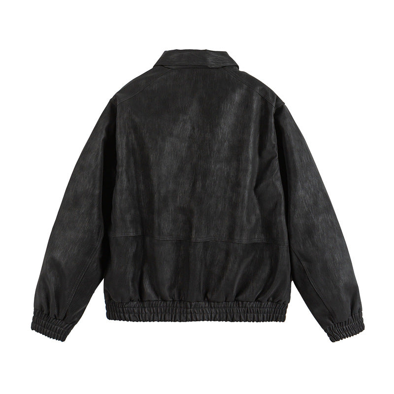 Men's leather-like blouson with shirt collar, two-way zipper, and elastic hem Chichicherry