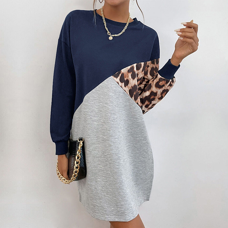 Ladies Oversized Sweat Dress with Color Block Design and Leopard Sleeves Chichicherry