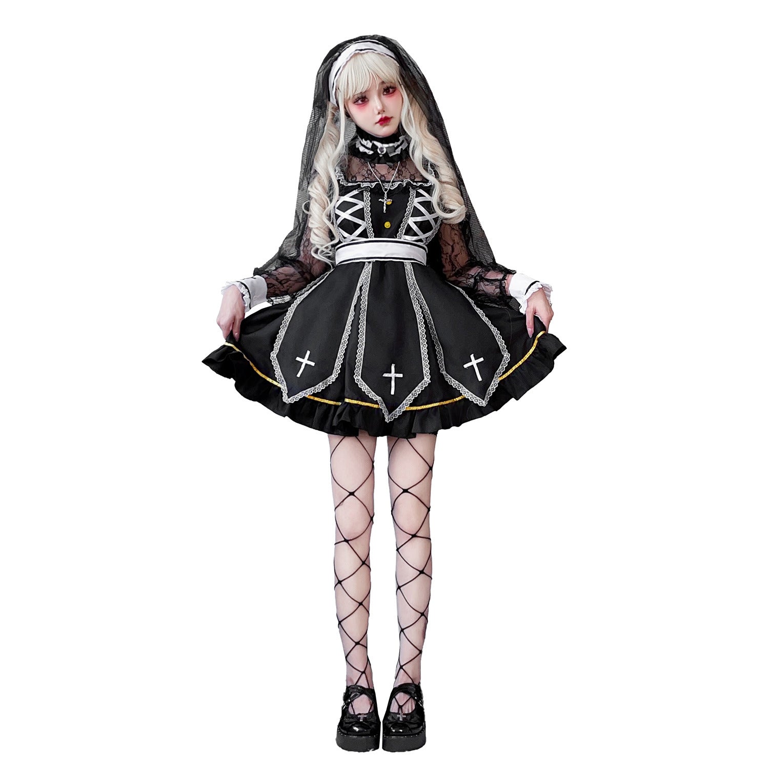 Women's Gothic Bridal Costume with Lace Sleeves and Elaborate Ruffles Chichicherry