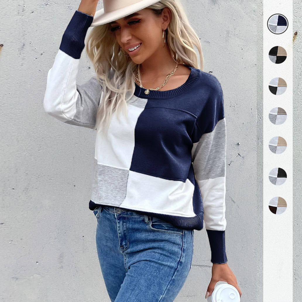 Women's casual fine knit sweater in block check pattern with ribbed hem and relaxed fit Chichicherry