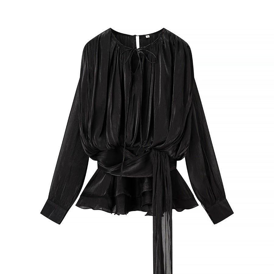 Women's chiffon blouse with draped corset look, ruffled peplum and tie belt Chichicherry