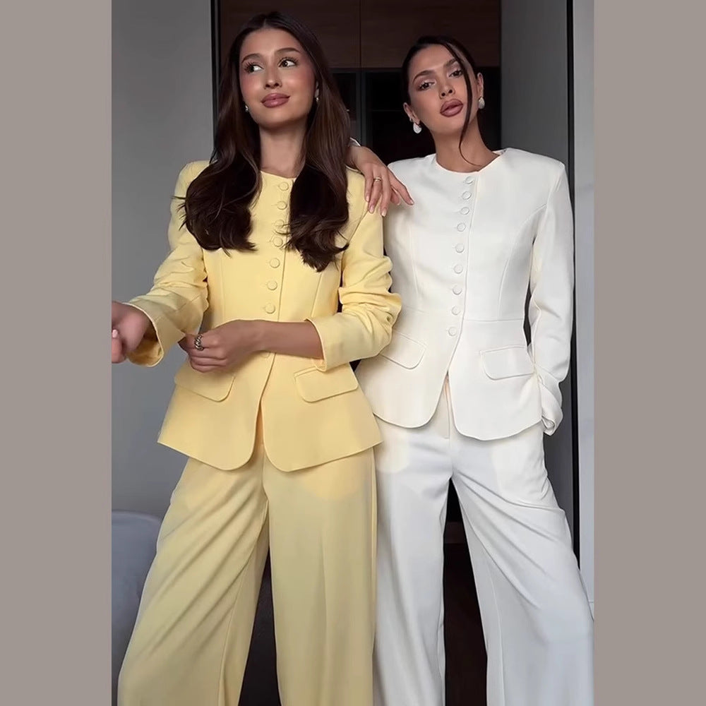 Women's Tailored Blazer with Round Neckline, Decorative Fabric Buttons and Flap Pockets Chichicherry