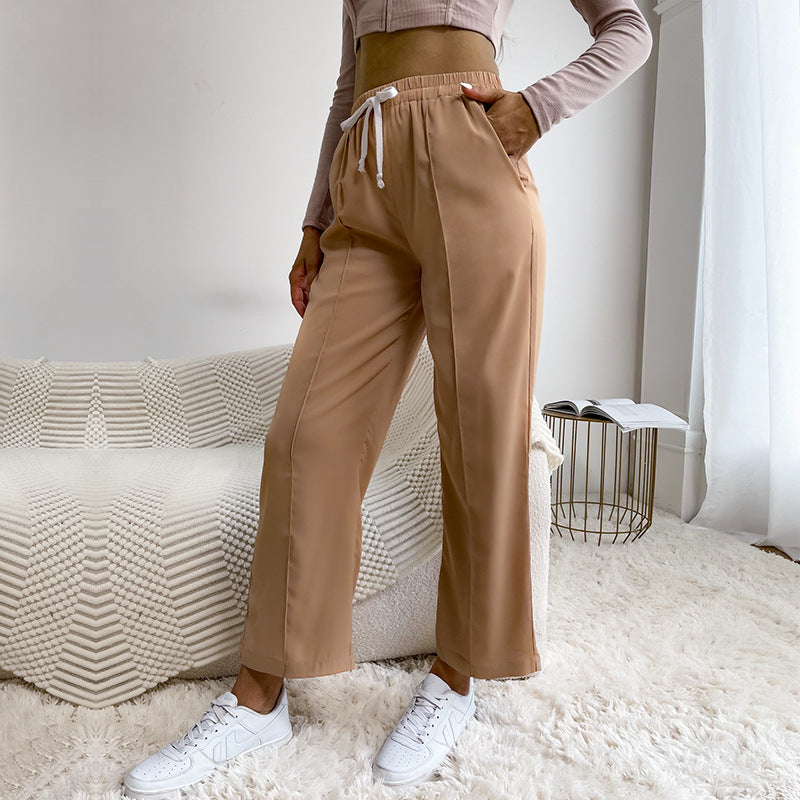 Women's Wide High-Waist Trousers with Elastic Waistband, Drawstring, and Crease Chichicherry