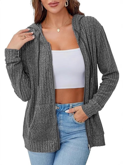Women’s knitted hooded jacket with zipper, textured knit, and kangaroo pockets Chichicherry
