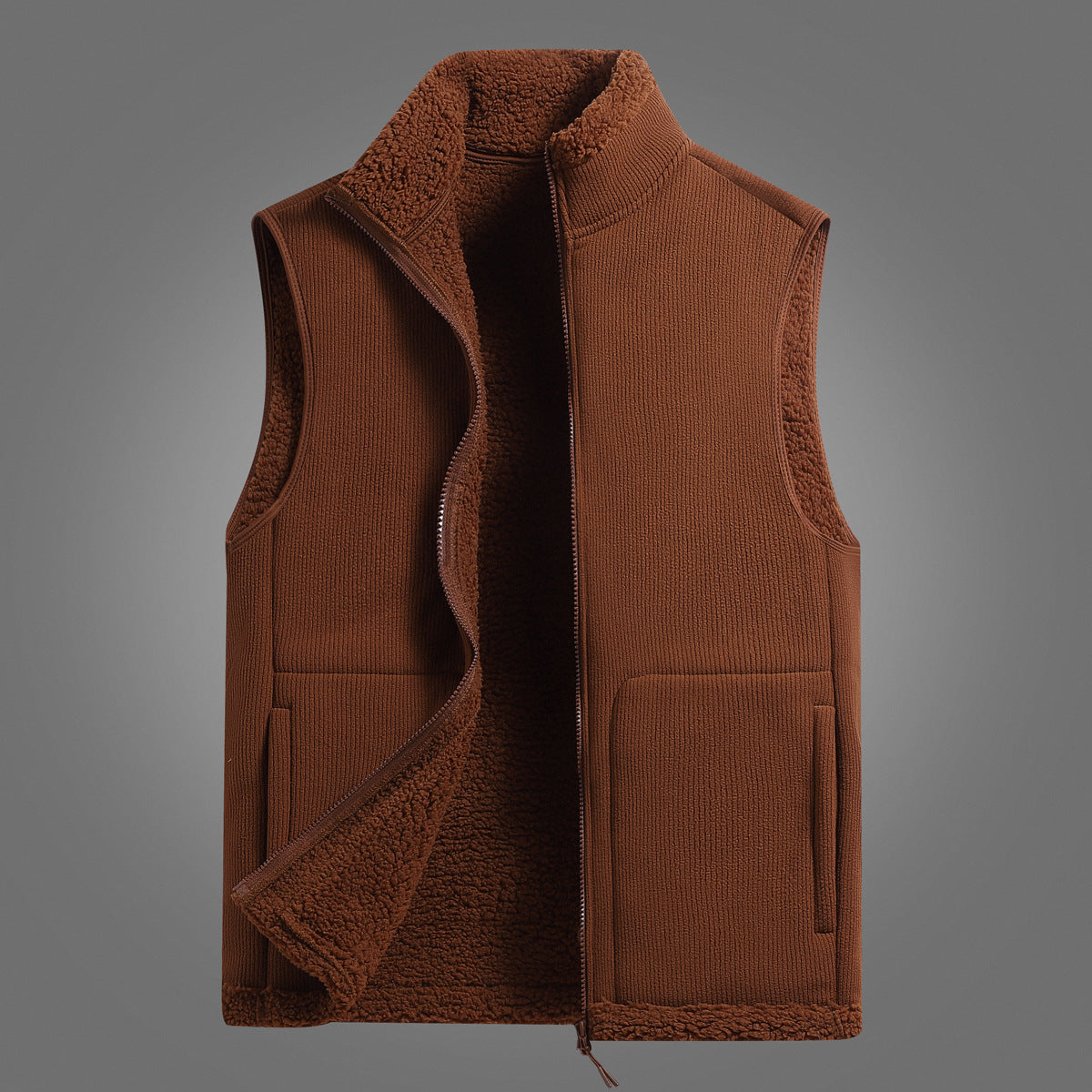 Women's Lightweight Sherpa Layered Vest with Ribbed Exterior Material, High Stand Collar and Front Pockets Chichicherry